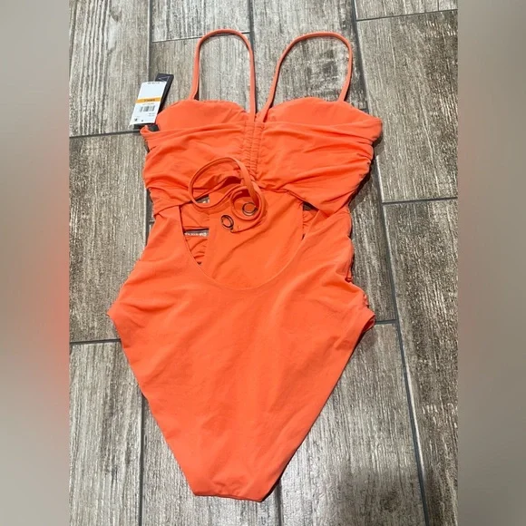 🌴Soluna Women Orange/Peach Shirred Side Adjustable Strap One Piece Swimwear Sz S